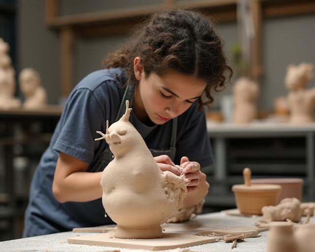 Ceramic sculpture class student working on an expressive clay form